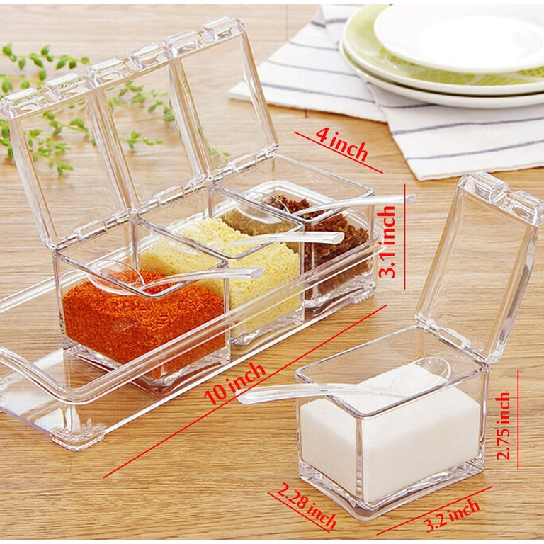 Clear Seasoning Box,V-Resourcing 4 Pieces Clear Seasoning Storage Container  for Spice Salt Sugar Cruet,Condiment Jars with Spoons…
