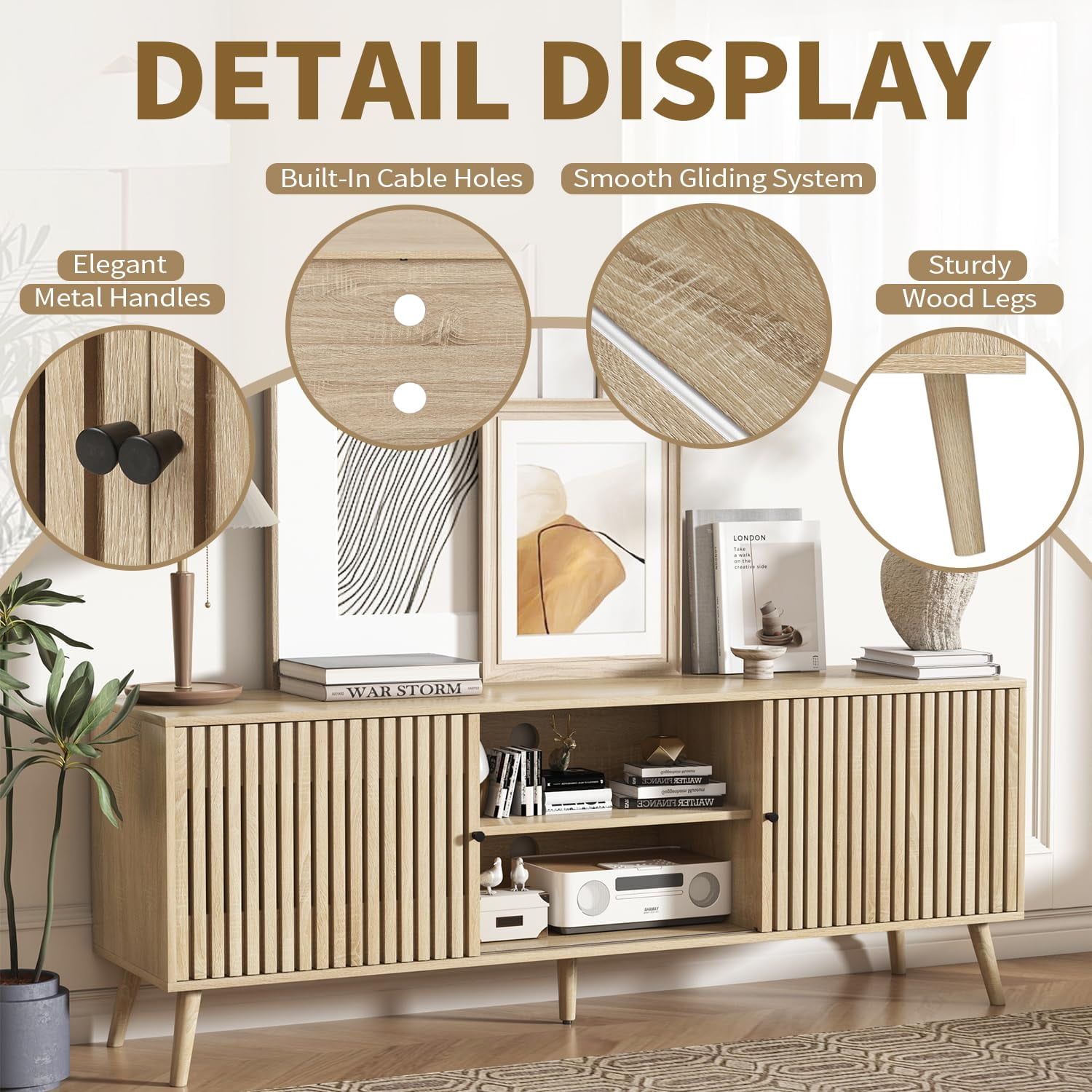Modern TV Stand for TVs up to 70'', Sliding Doors, Entertainment Center with Storage, Media Console