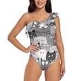 thumbnail image 2 of Yiaed Cats Group Print Women One Piece Swimsuits Tummy Control One Shoulder Bathing Suits Pattern Ruffle Swimwear-Small, 2 of 8