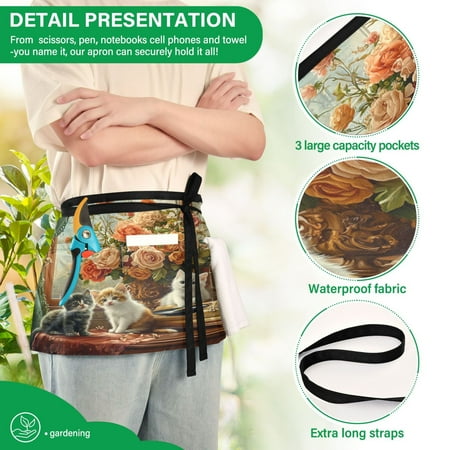 

YAZAOO Aprons with Pockets for Server Aprons with 3 Pockets Water Resistant Half Waist Apron Kittens Flowers and Vintag