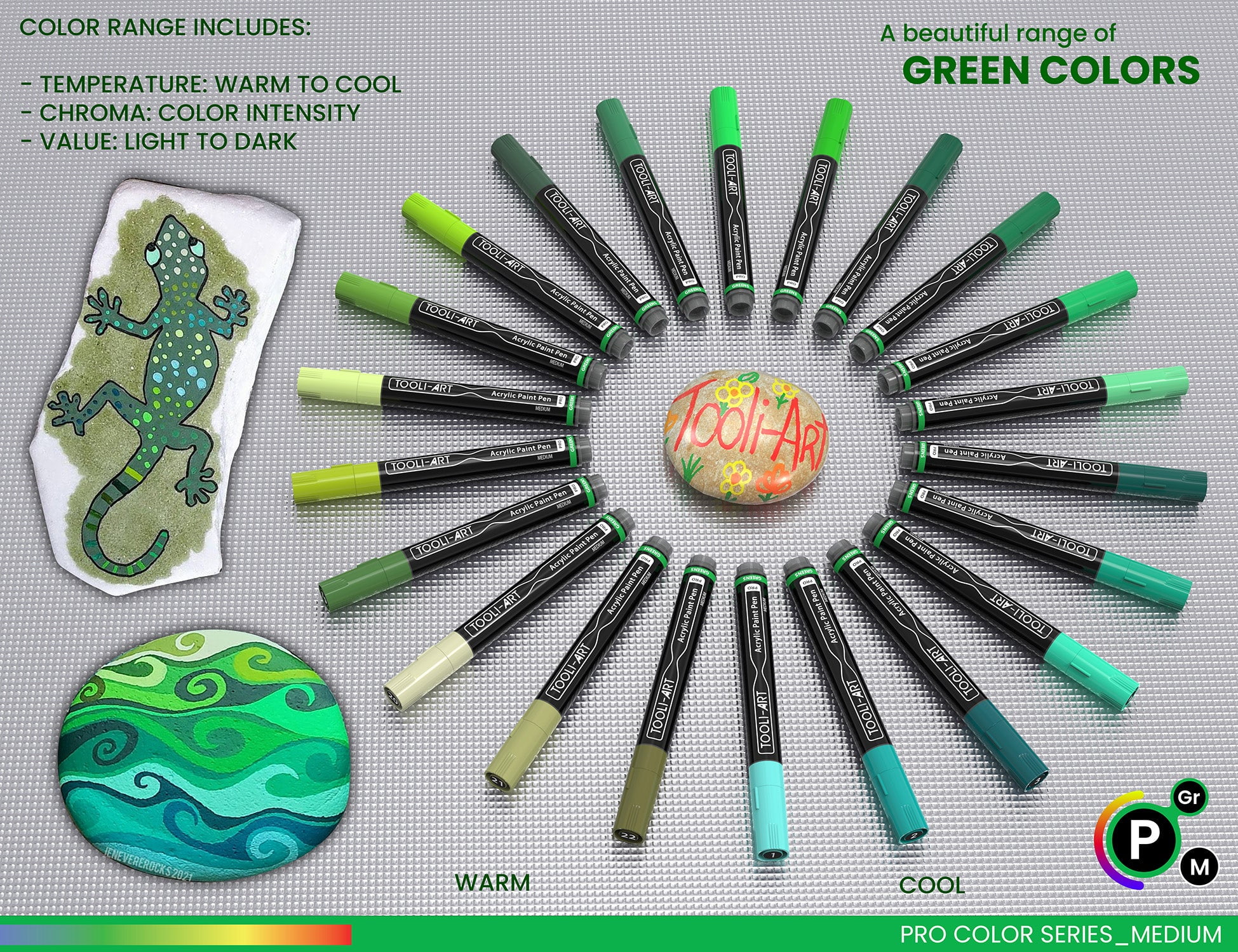 22 Acrylic Paint Pens (GREENS) Pro Color Series Set 3mm Medium