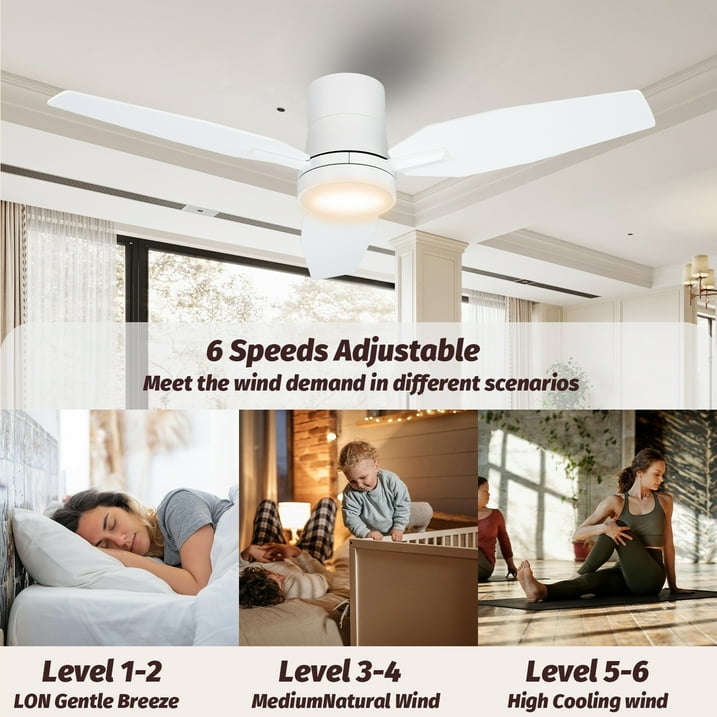 Vagizm 42 Inch Flush Mount Ceiling Fan with Light - 3 Blades Modern Ceiling Fan for Living Room and Bedroom - Quiet DC Motor - Dimmable - Reversible Function - White