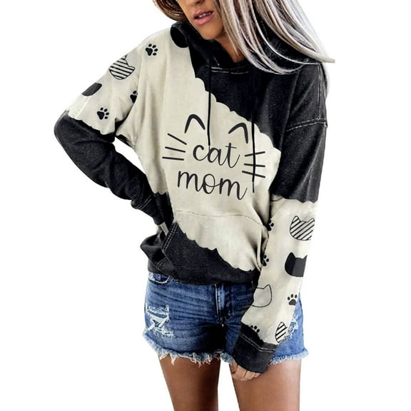 VILOVE Women Cat Mom Sweatshirt Cute Cat Paw Graphic Letter Print Long Sleeve Contrast Color Hoodie Tops, Black