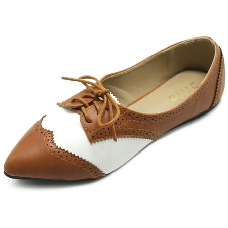 

Ollio Women s Shoes Flat Wingtip Lace Up Pointed Toe Two Tone Oxford F131