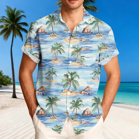 Fnnxeal Mens Tropical Hawaiian Shirt Light Blue, Short Sleeve Button Up Casual Beach Shirt with Palm Tree Print, Lightweight Vacation Resort Wear,Size 5XL