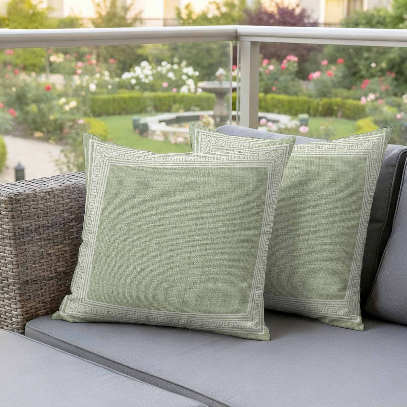Waterproof Throw Pillow Covers 16x16 Set of 2, Sage Green Linen Burlap Key Outdoor Pillowcases Invisible Zipper, Abstract Greek Inspired Texture Decorative Cushion Covers for Patio Garden Sofa Couch