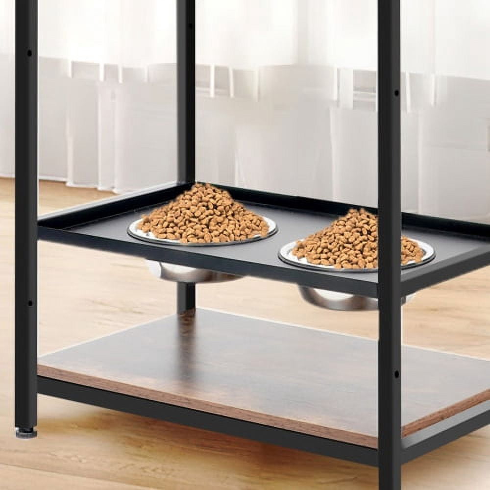 Enyopro Adjustable Height Dog Feeding Station with Storage Cabinet, Elevated Pet Feeder with 2 Stainless Steel Bowls, Side Hooks, and Anti-Tip Design, Black