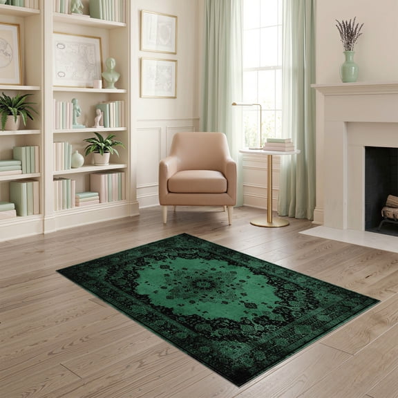 ODIKA 4'x6' Green Black Vintage Ornamental Cottagecore Washable Area Rug Distressed Floral Scroll Center Emblem Witchy Moody Layout for Home Office, Under Desk, Non-Slip Chair-Friendly, Flatwoven
