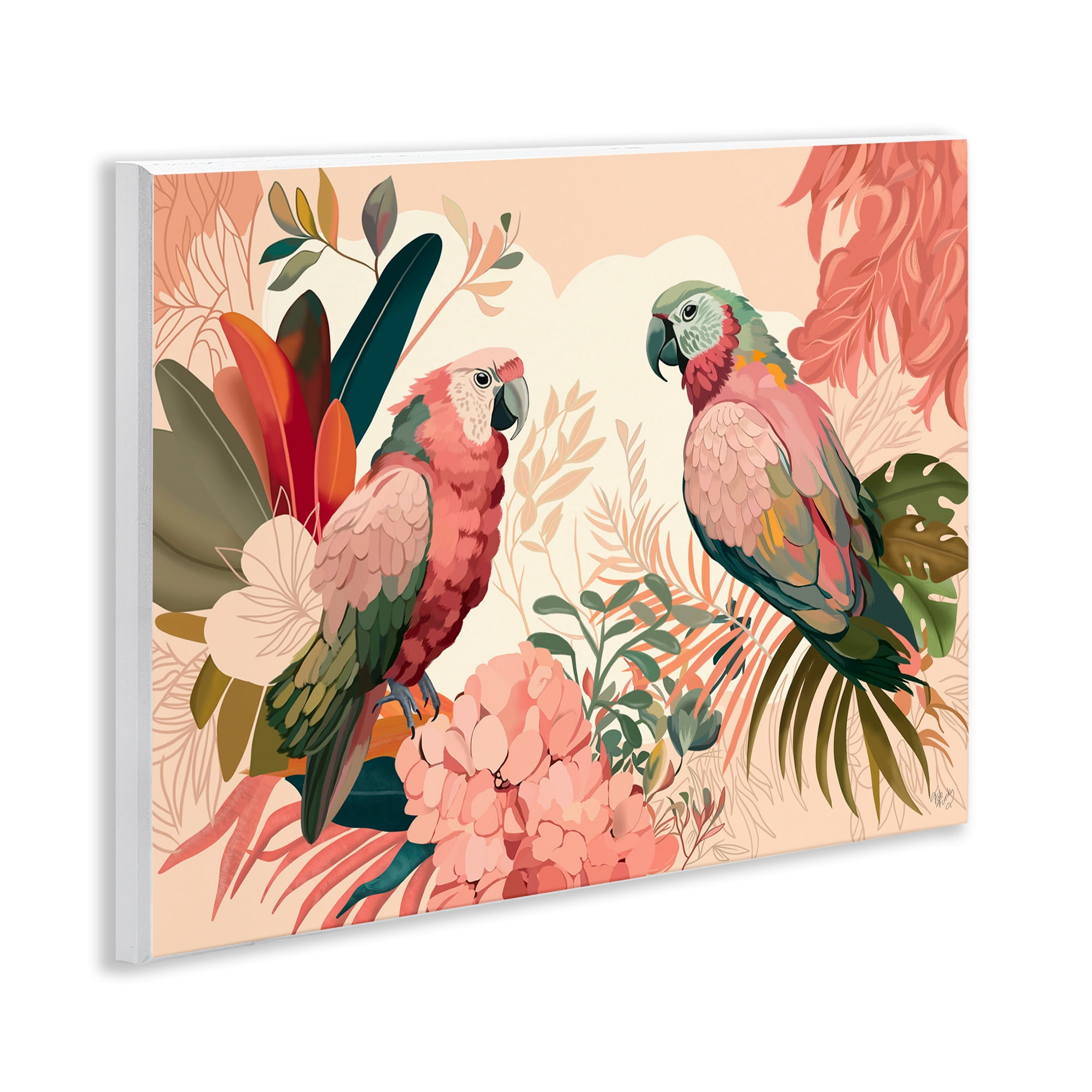 Stupell Industries Pink Parrots & Leaves Animals & Insects Painting Unframed Art Print Wall Art, 14 x 11