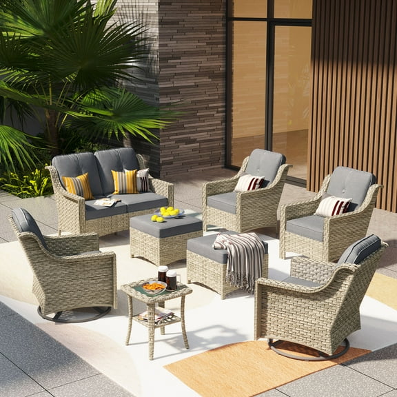 Ovios High-Back Outdoor Furniture 8 Pieces Gray Wicker Patio Conversation Set with Rocking Swivel Chairs for Backyard