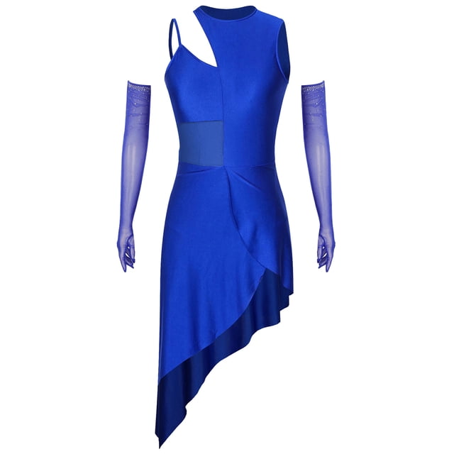 CHICTRY Robe de Danse Latine pour Femmes avec Strass Gants Longs pour Bal Salsa Cha Robe de Fête Danse Bleu Royal m