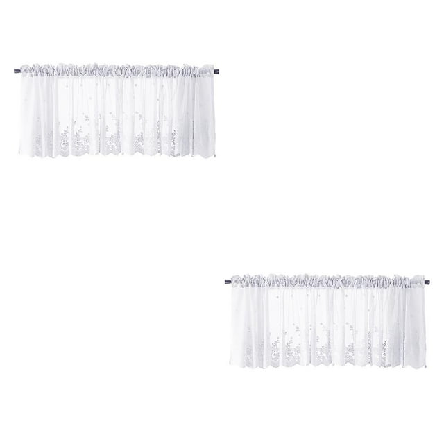 stanreset Embroidered Lace Flower Home Window Voile Sheer Valance Cafe Tiers Curtains white 137x41cm 2Set