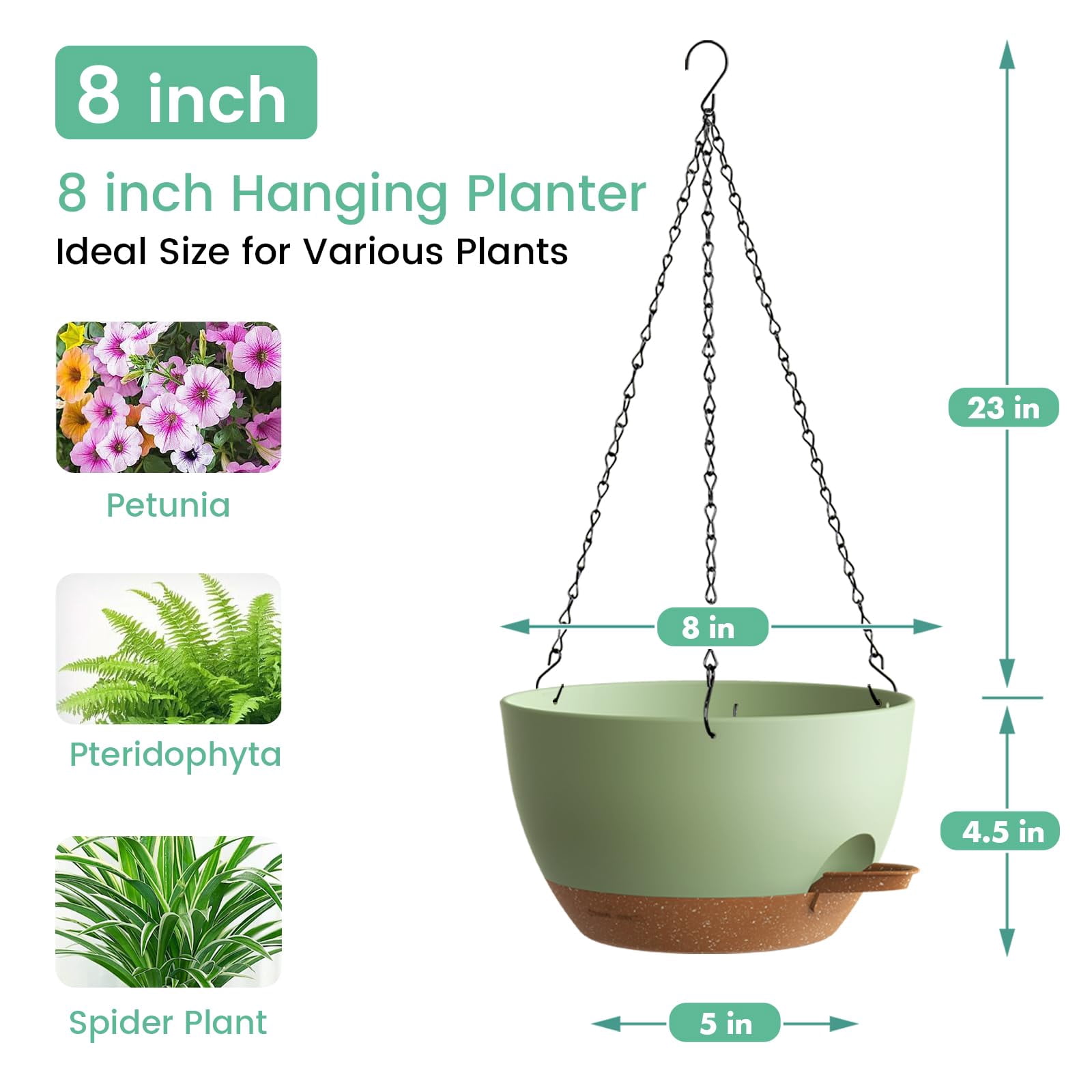 4 Pack 8 Inch Self Watering Hanging Planters For Indoor Outdoor Plants Pots With Drainage Removable Tray  Baskets Flower Pothos Garden Green Brown