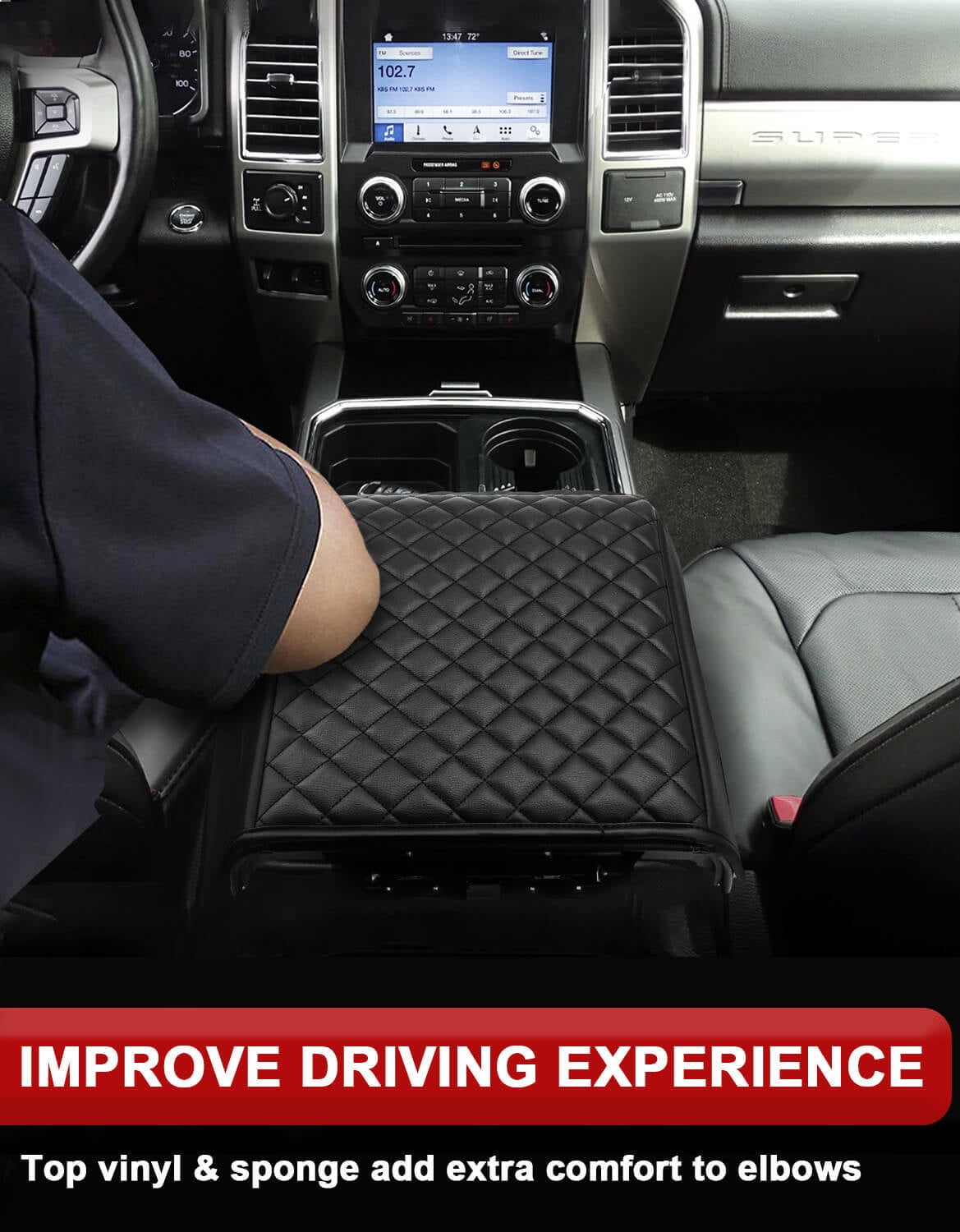 KBH Ford Center Console Cover for 2015-2020 F150 Accessories, 2017-2022 F250-F550/2018-2024 Expedition, Black Leather Middle Console Cover Cushion Pad for Truck Interior (Bucket Seat)