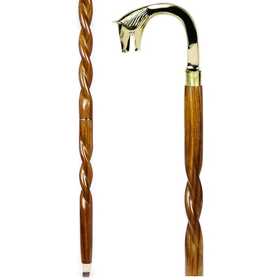 Aluminum & Brass Decorative Rosewood Walking Cane | Full Size Walking-Stick for Men & Women | (Spiral Wood, The Brass Wolf)