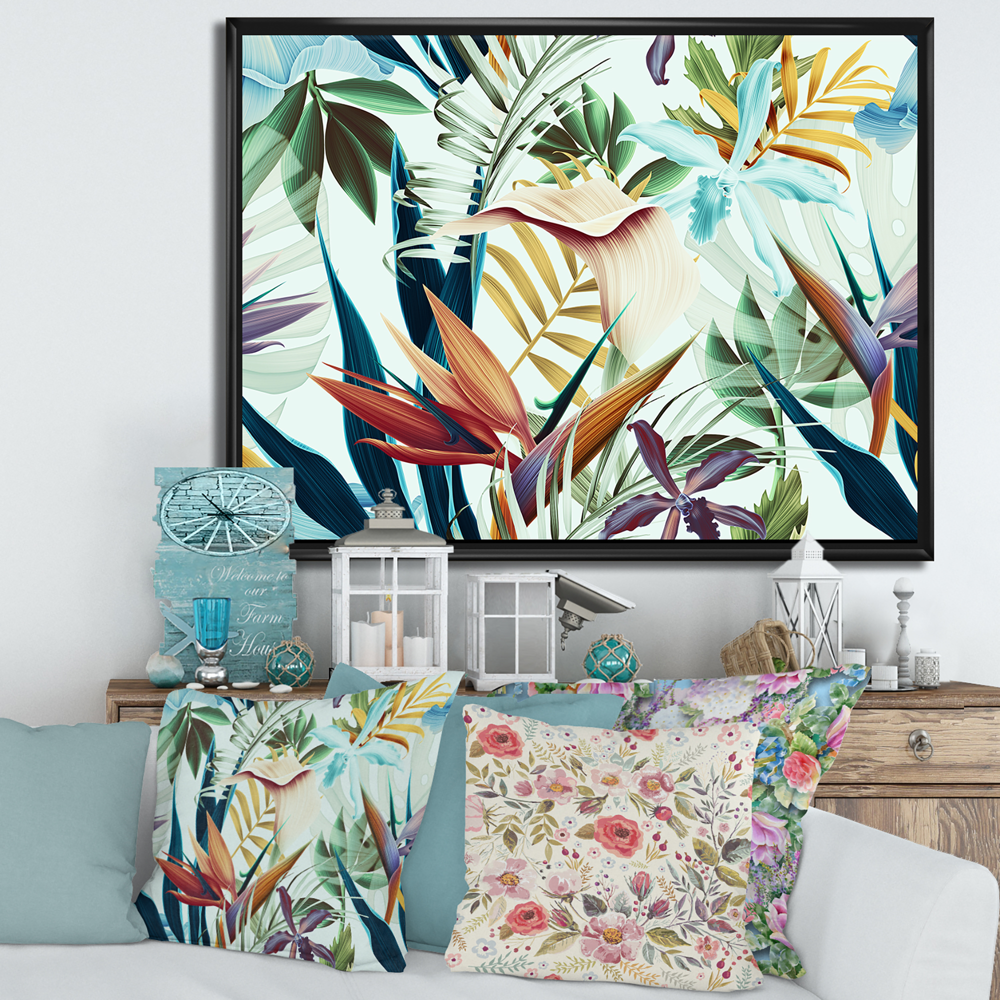 Designart 'VIntage Tropical Flowers I' Tropical Framed Canvas Wall Art Print