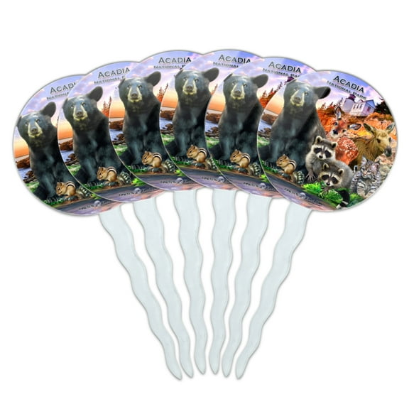 Acadia National Park Maine ME Animals Bear Racoon Deer Moose Cupcake Picks Toppers Decoration Set of 6