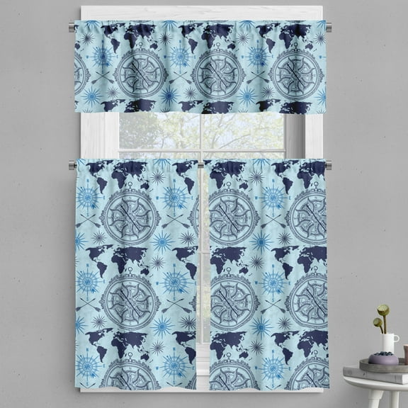 Ambesonne Compass Valance & Curtain, World Map Arrow Pattern, 55"x30", Pale Blue Indigo