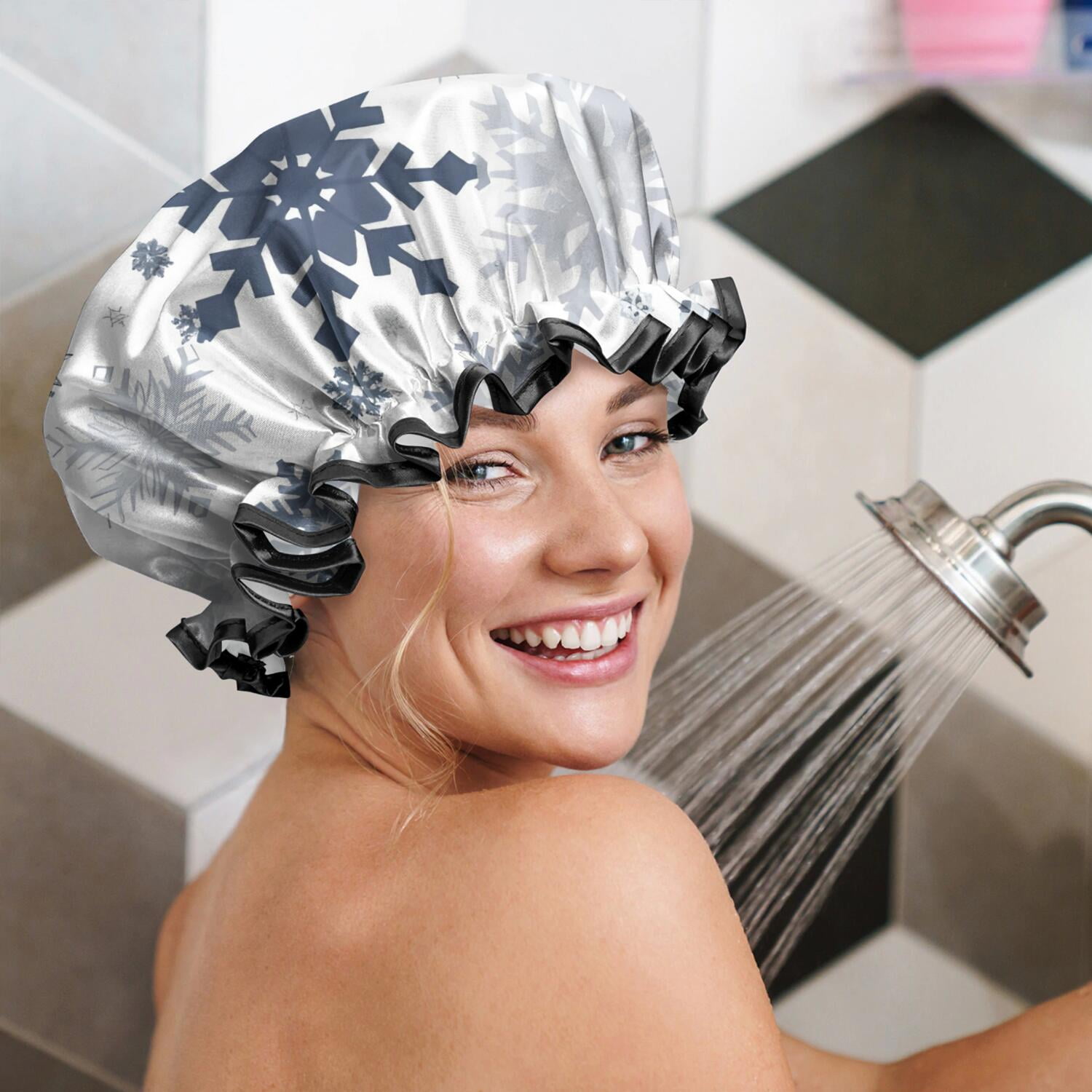 Shower Caps,Blue Christmas Snowflake Pattern Waterproof Shower Cap for Women 4 Pieces,Double Reusable Hair Cover for Shower PEVA Elastic Stretch Hem