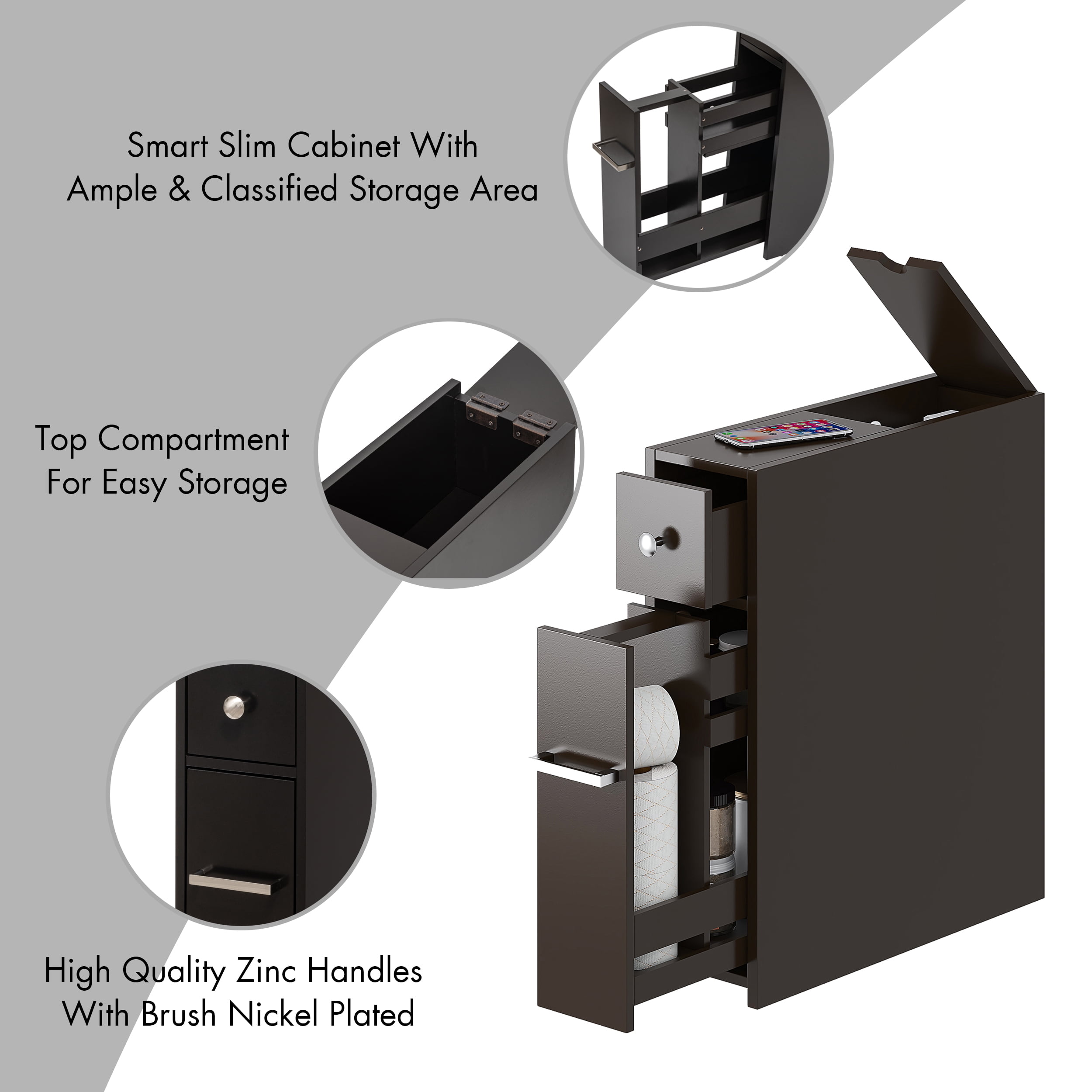 Spirich Slim Bathroom Storage Cabinet, Brown