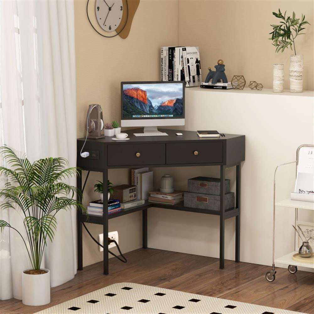 Demi Bonn Triangle Corner Desk with Charging Station with 2 Drawers and Storage Shelf, Small Home Office Desk Study Writing Table, Black
