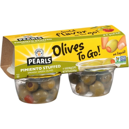 (2 Pack) Pearls Pimiento Stuffed Spanish Green Olives, 4 Pack, 1.6 oz. Cup