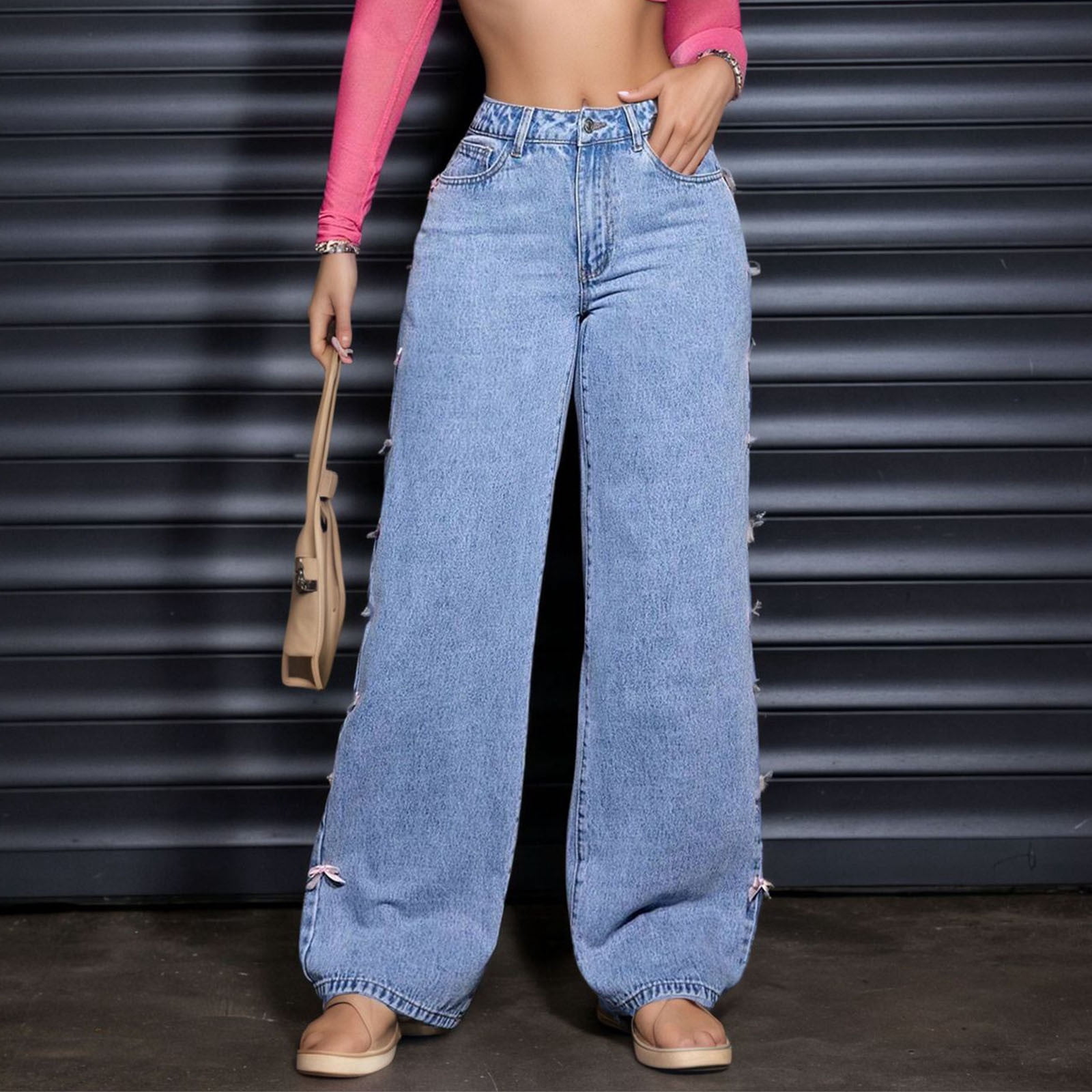 Ladies Casual Baggy Wide Leg Jeans with Pockets,High Waist Loose Fitting Straight Side Bow Washed Vintage Streetwear Denim Pants Light Blue M