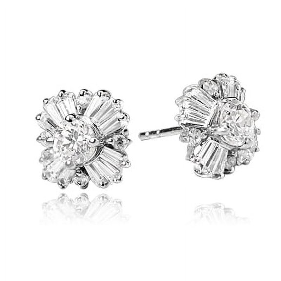 Prong Set Earrings with Simulated Round Brilliant Diamonds and Baguettes by Diamond Essence set in Sterling Silver