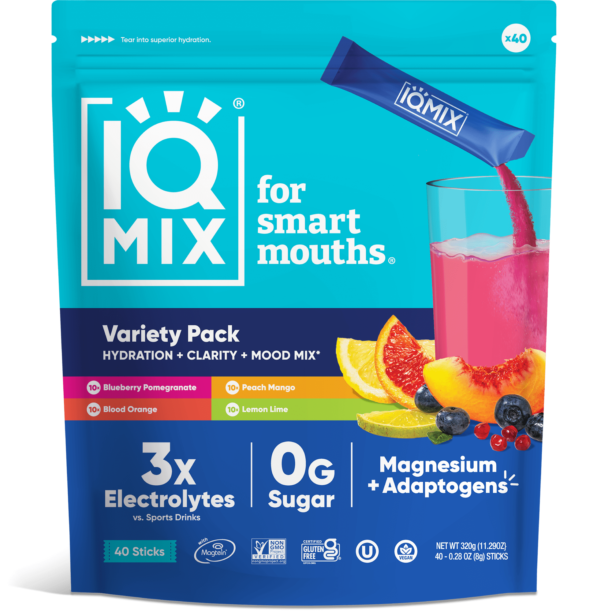 IQMIX Sugar Free Electrolyte Drink Mix Packets - Keto Hydration with Lion’s Mane, Magnesium L-Threonate & Potassium - Variety Pack 40ct
