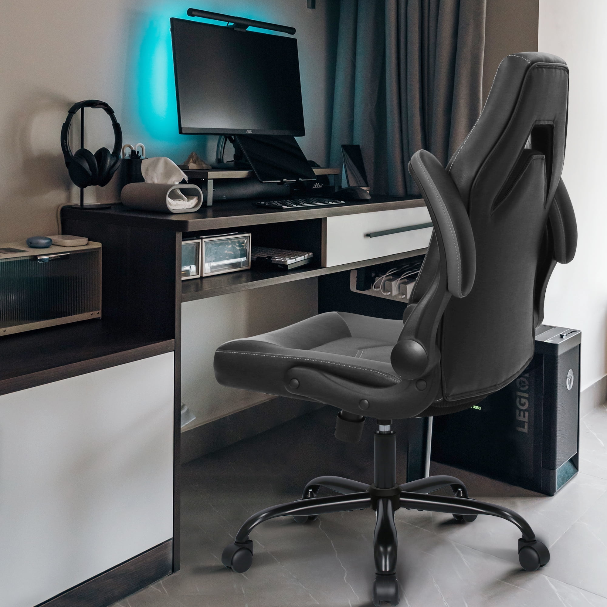 N-GEN Video Gaming Chair Ergonomic Computer Desk Office Chair with Lumbar Support Adjustable Height Swivel Wheels Flip-Up Arms PU Leather Home and Office (Grey)