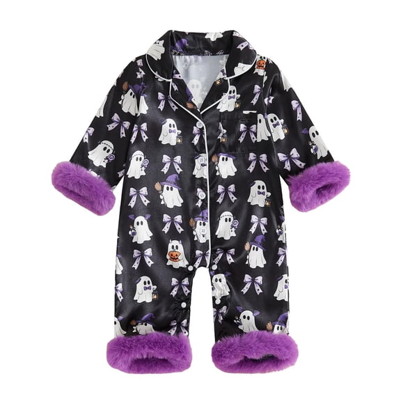 Elegyee Newborn Girls Halloween Satin Pajamas Cartoon Ghost Bow Long Sleeve Sleepwear Set