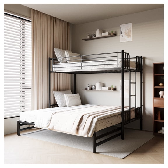 Twin Metal Pull-Out Bunk Bed with Guardrail and Built-in Ladder, Space-Saving, Black