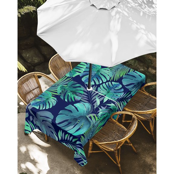 Outdoor Tablecloth with Umbrella Hole, Tropical Ferns Palm Leaves Zippered Table Cloth for Rectangle Tables, Teal Botanical Washable Waterproof Tablecloths for Picnic Patio Garden