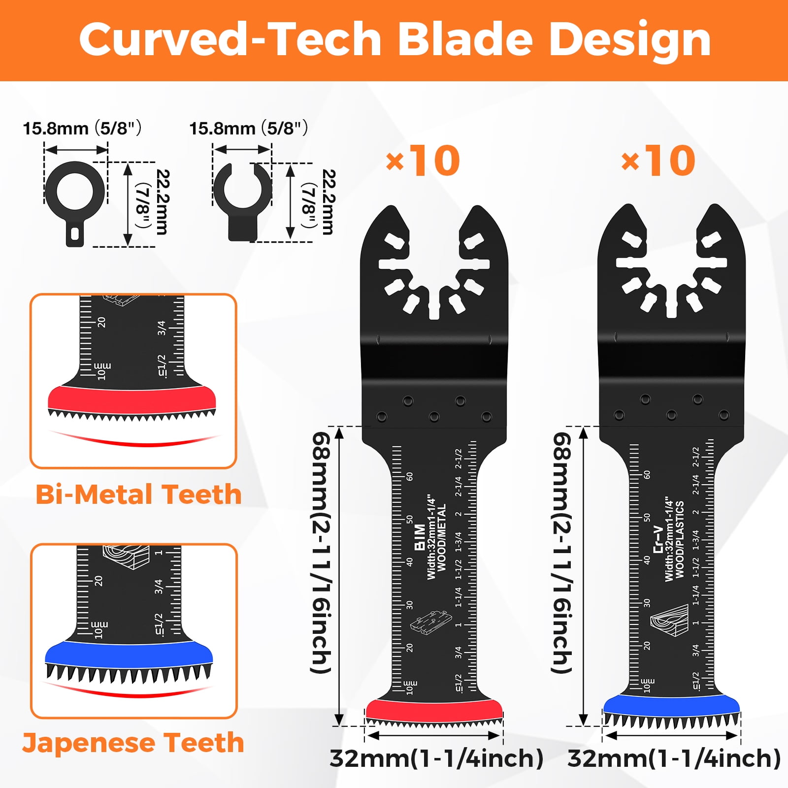 Evjurcn 20/30Pcs Oscillating Multitool Blades, Extra Long 2.68" Cr-V & Bi Metal Arc Tooth Saw Blade – Low Vibration Universal Fit for Wood, Soft Metal & Plastic