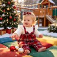 thumbnail image 3 of Pandaie Infant Baby Girls Plaid Suspender Romper Set Ruffle Long Sleeve Ribbed Bodysuit Bow Headband Holiday Photo Shoot Daily Casual Outfits Wine,3-6 Months, 3 of 7