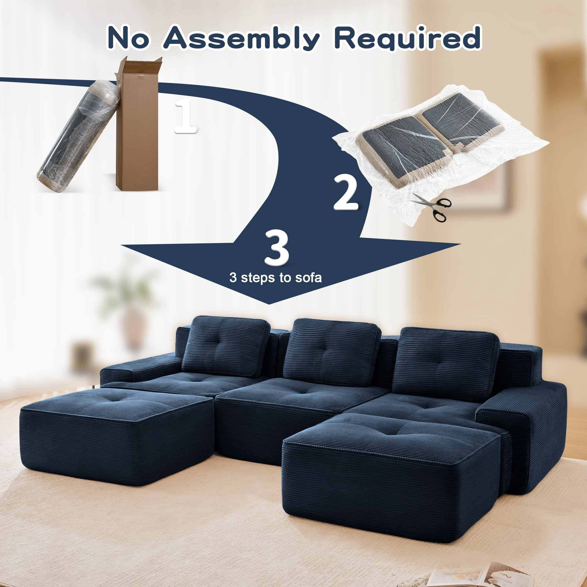 MOONMISS 117" Modern Corduroy Boneless Love Seat Couches with 2 Ottoman, 3 Seater Large Sectional Couches for Living Room, No Assembly,Blue