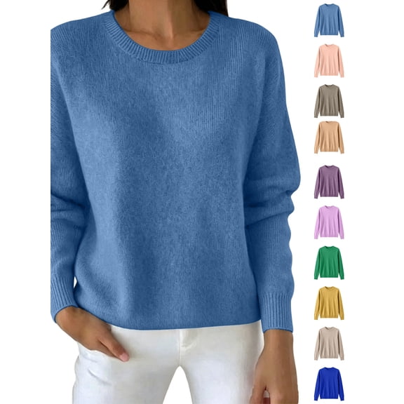 Xaqiouau Women's Crew Neck Knit Pullover Sweater Solid Color Long Sleeve Straight Fit Ribbed Trim Basic Winter Top Casual Warm Everyday Wear Sky Blue S