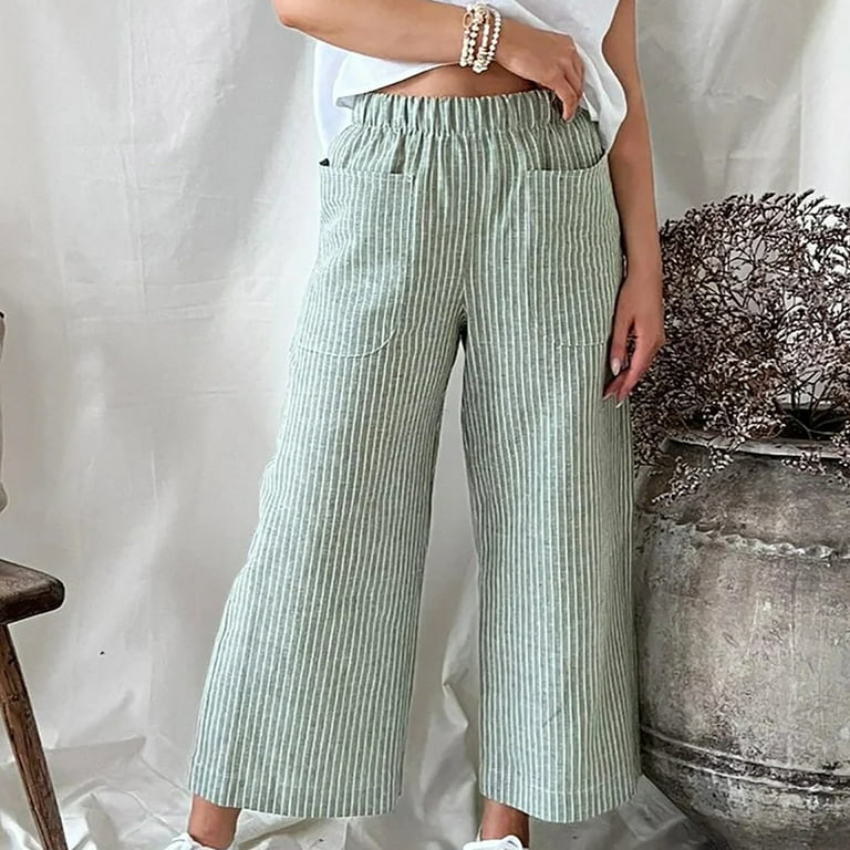 Womens Cotton Linen Pants Stripes Straight Wide Leg Slacks Lounge Pants for  Women Summer Casual Loose Fitting Trousers (Medium, Green)
