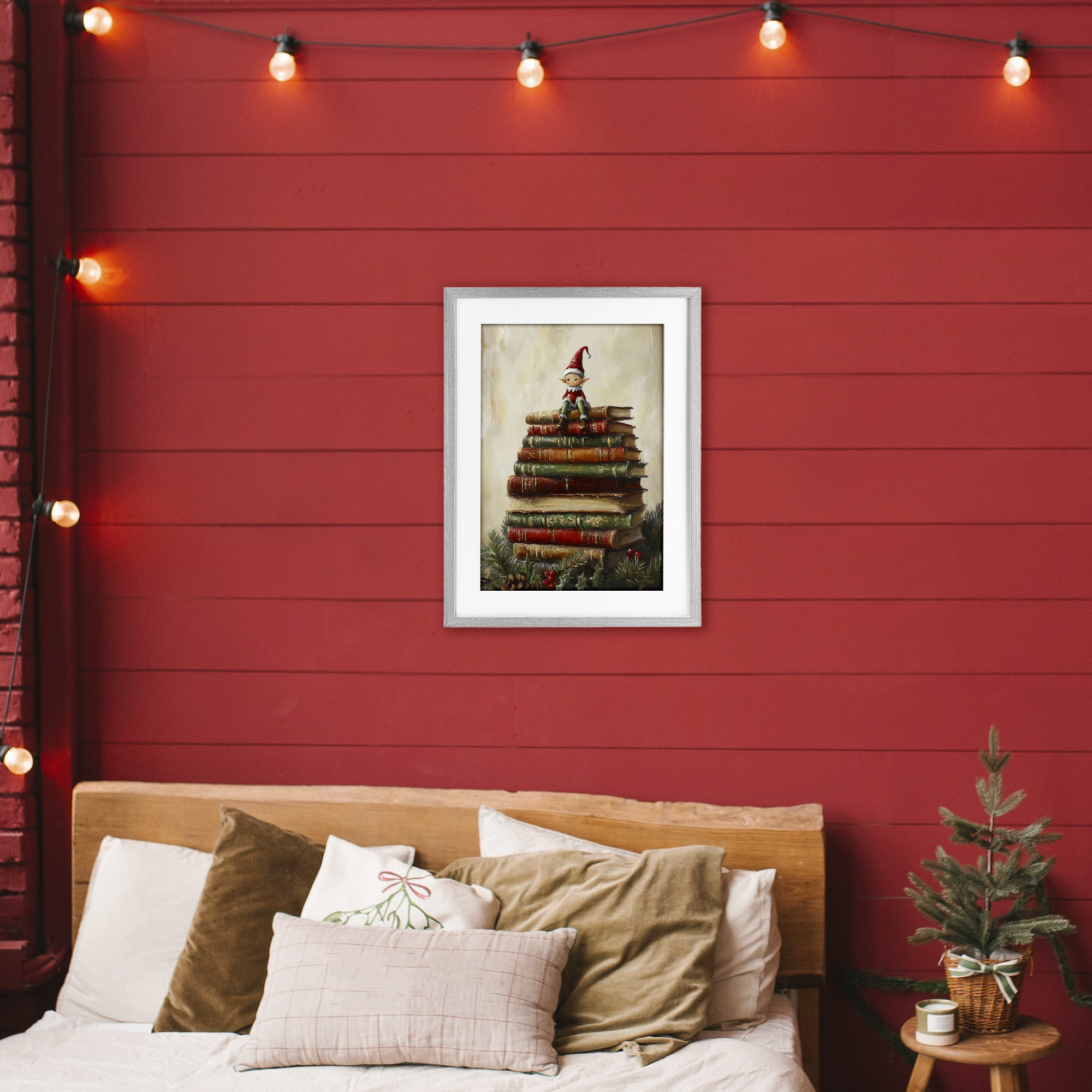Christmas Elf Bookstack Gray Framed Print Under Glass, design by Petal Prints Design