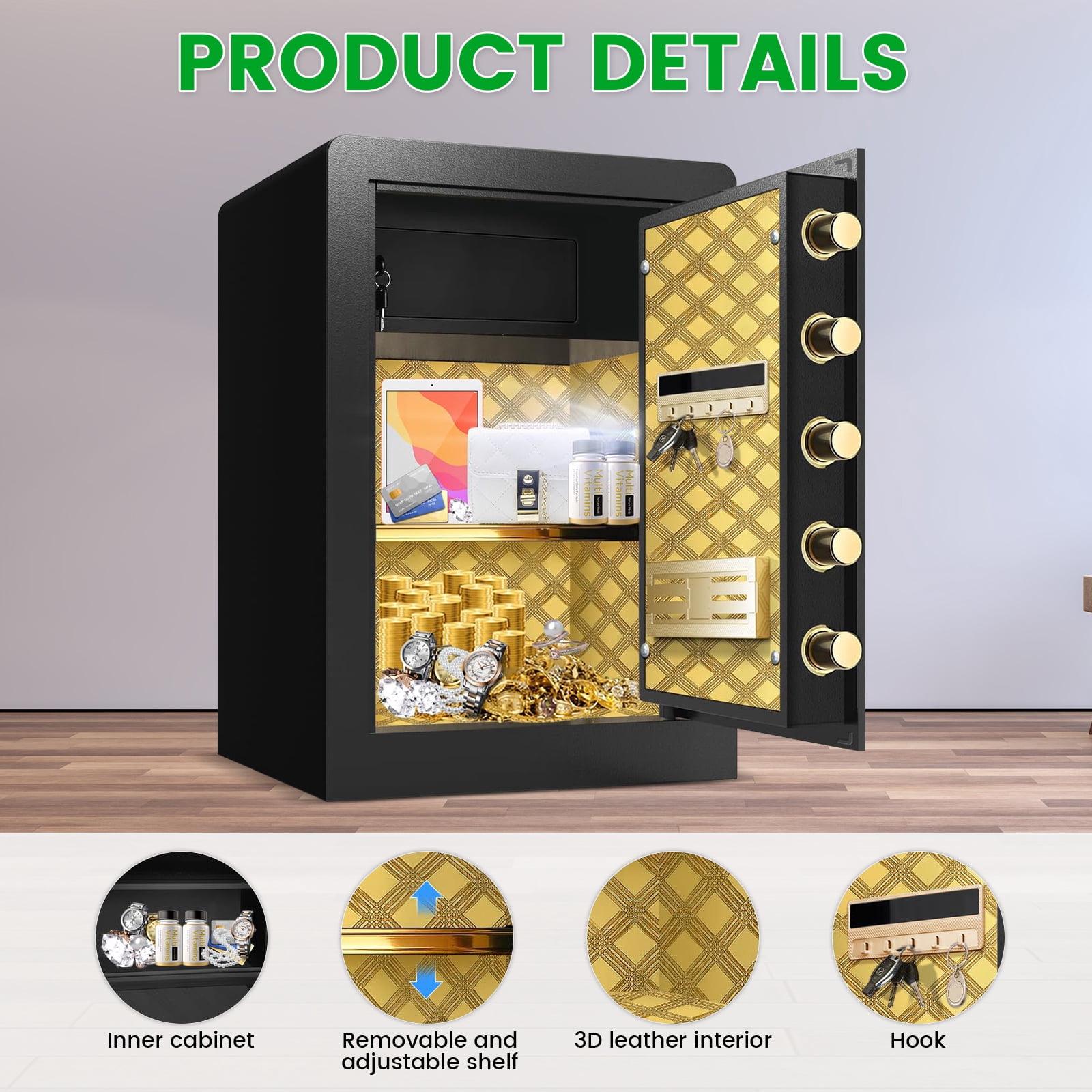 Extra Large Fireproof Waterproof Safe Box with Deposit Slot & Adjustable Shelf - Home & Office Security Safe with Soft PU Leather Lining, Large LCD Screen & Dual Alarm