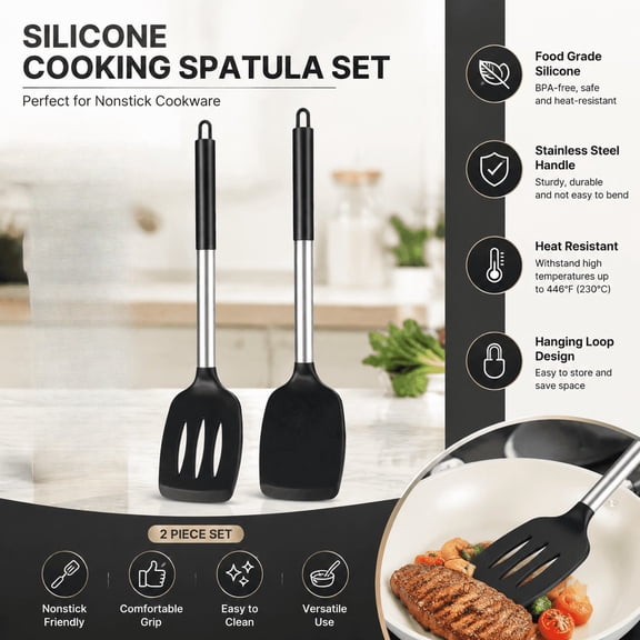 PLERISE 2-Pack Silicone Solid Turner and Slotted Kitchen Spatulas, Non-Stick High Heat Resistant BPA Free Cooking Utensils for Fish Eggs Pancakes, Black
