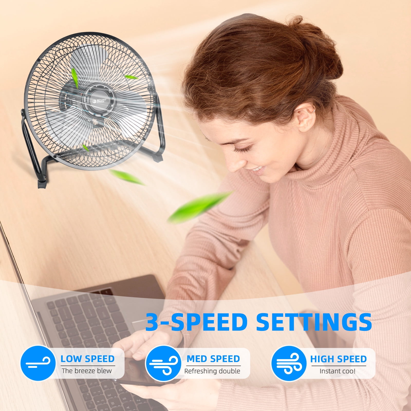 BEYOND BREEZE 9 inch High Velocity Industrial Floor Fan, 3-Speed Heavy Duty All Metal Cradle Floor Fans with Adjustable Tilt for Living Room, Kitchen