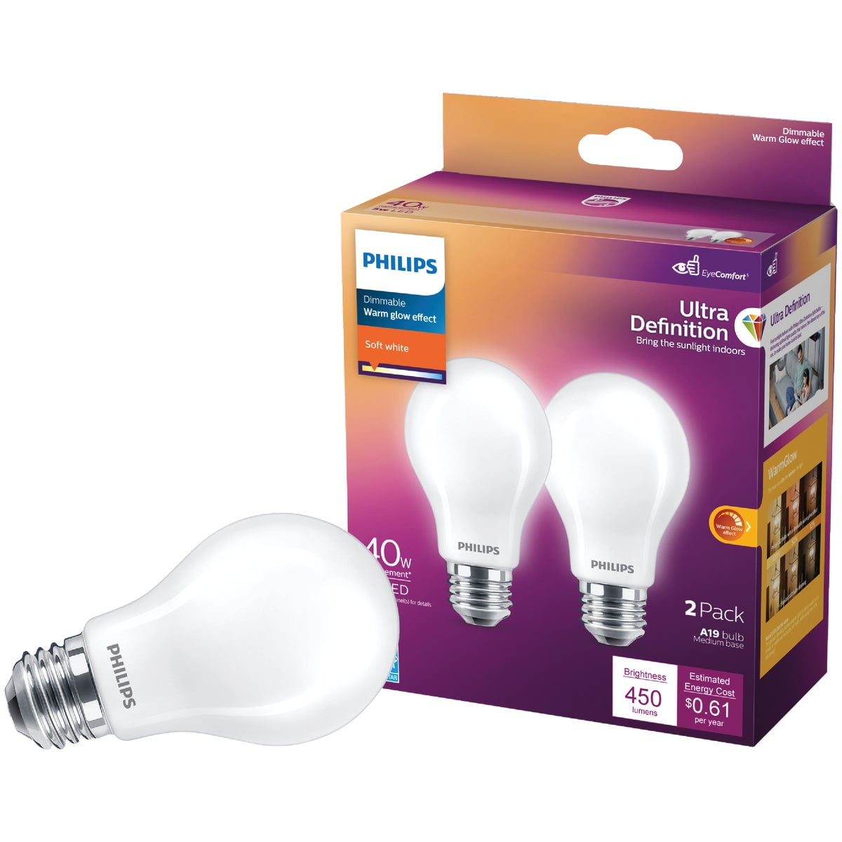 Onbeleefd ding gewicht Philips Ultra Definition LED 40-Watt A19 Light Bulb, Frosted Soft White,  Dimmable, E26 Medium Base (2-Pack) - Walmart.com