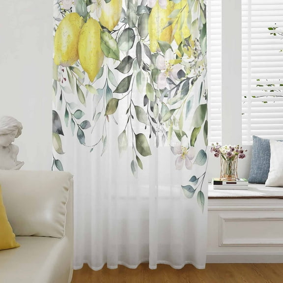Summer Lemon Semi Sheer Curtains Drapes for Living Room, Bedroom, French Doors Window 96 Inches Long, Spring Floral Eucalyptus Leaves Botanical Rod Pocket Chiffon Curtain Drapery Voile Drape Panel