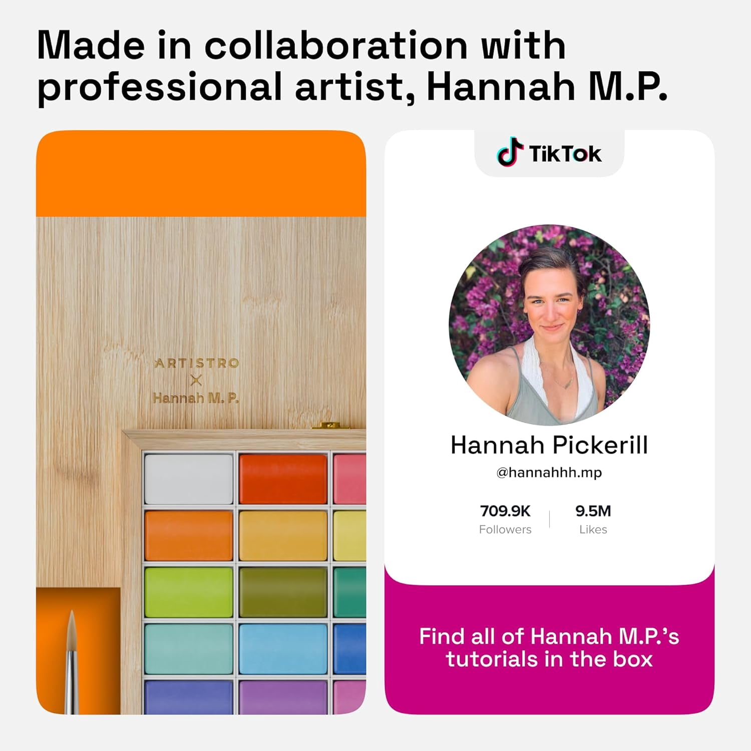 ARTISTRO x HANNAH M.P Professional Watercolor Paint Set Limited Edition with 24 colors in Bamboo Wooden Box (6ml XL Pans) - 2 Brushes, Watercolor Paper, Mixing Tray - Watercolor Set for Professionals