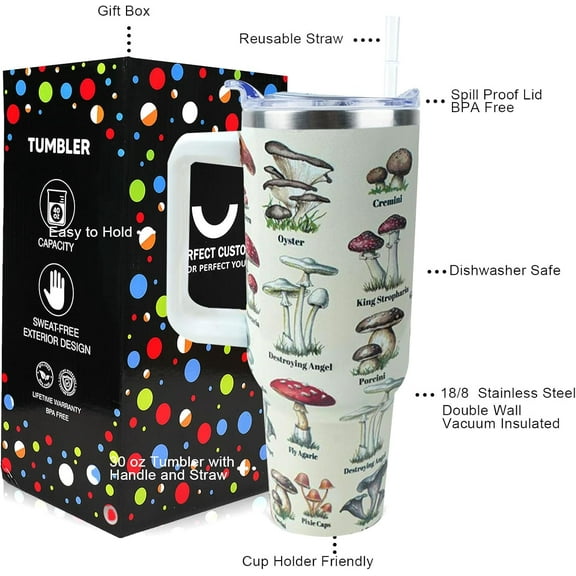Cute Mushroom Cup 30 oz Tumbler with Handle and Straw Lid Leak Proof - Coffee Travel Mug with Handle Insulated for Hot and Cold Drink Ice - Mother''s Day Birthday Gifts for Women Stainless Steel Cup