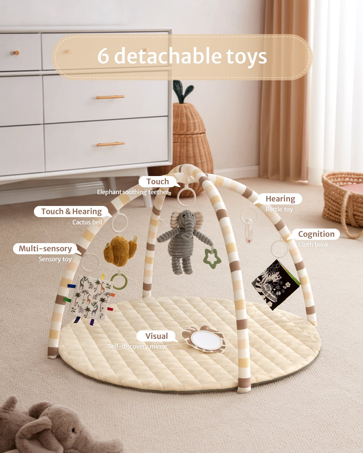 Blissful Diary Baby Play Gym Activity Mat, Tummy Time Mat Play Mat with 6 Sensory Toys for Motor Skill Development, Newborn Infant Baby Essentials Gift for Boys Girls, Oatmeal Beige