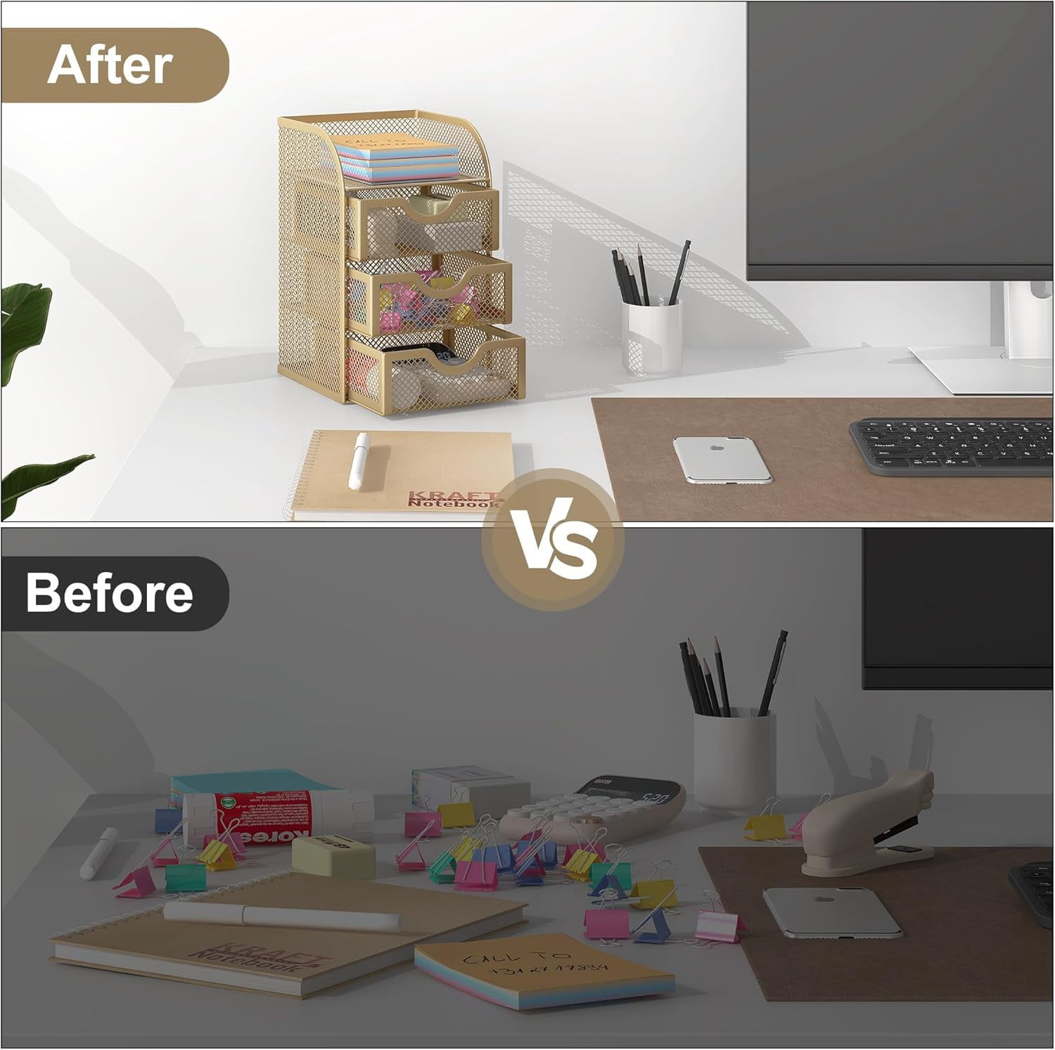 Mesh Desk Organizer with 3 Drawer Office Desktop Organizers and Accessories Stationery Caddy for Office, Home, Students, Gold