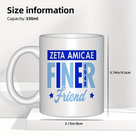 Zeta Amicae Fine 1948 Friend Ceramic Coffee Mug - White Black 11oz Mug, Unique Gift for Sorority Sister, Birthday, Anniversary, Friendship Day Celebration