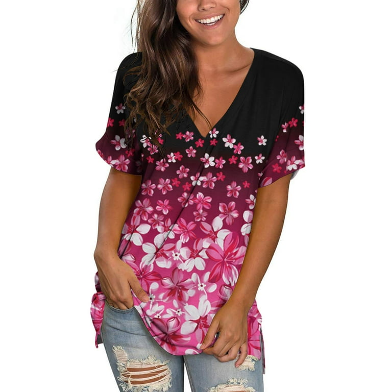 SMihono Women's Fashion Side Split Tunic T-Shirts Savings Trendy Summer  Clothing 2023 Sexy V Neck Shirts Comfy Loose Casual Blouse Vintage Short  Sleeve Womens Tops Floral Print Tees Pink 6 